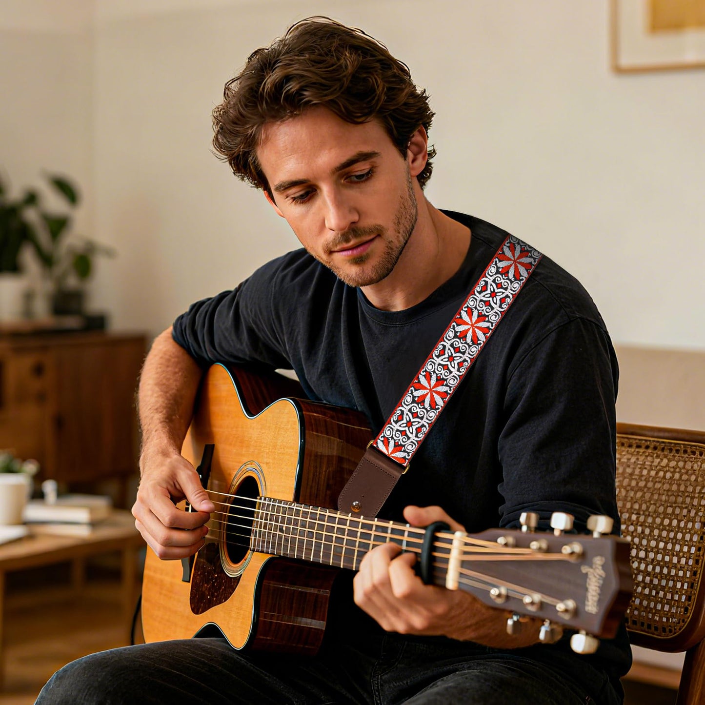 AODSK Guitar Strap Vintage Woven Adjustable,includes 2 Strap Locks, For Bass, Electric & Acoustic Guitars (Orange Vine)