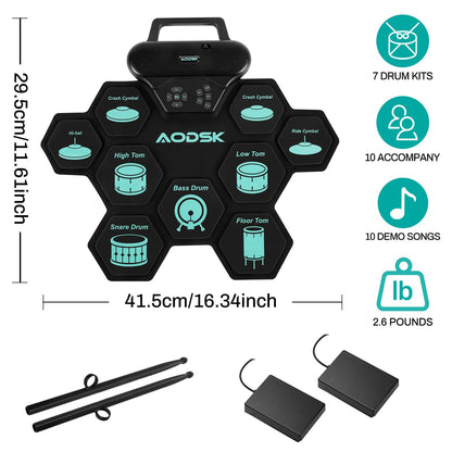 AODSK Electronic Drum Set,9 Practice Pad with Headphone Jack,Roll-up Machine Built-in Speaker Drum Pedals Drum Sticks,Great Holiday Christmas Birthday Gift