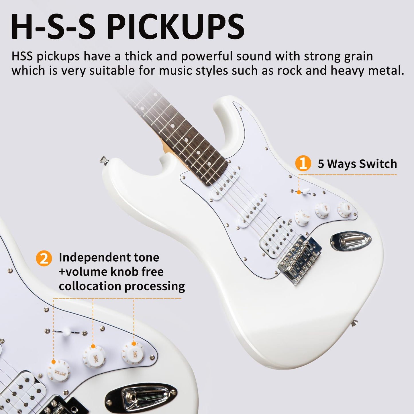 AODSK Electric Guitar Kit for Beginners – 39" White HSS Solid Body | Electric Guitar with Amp, Gig Bag & Full Accessories