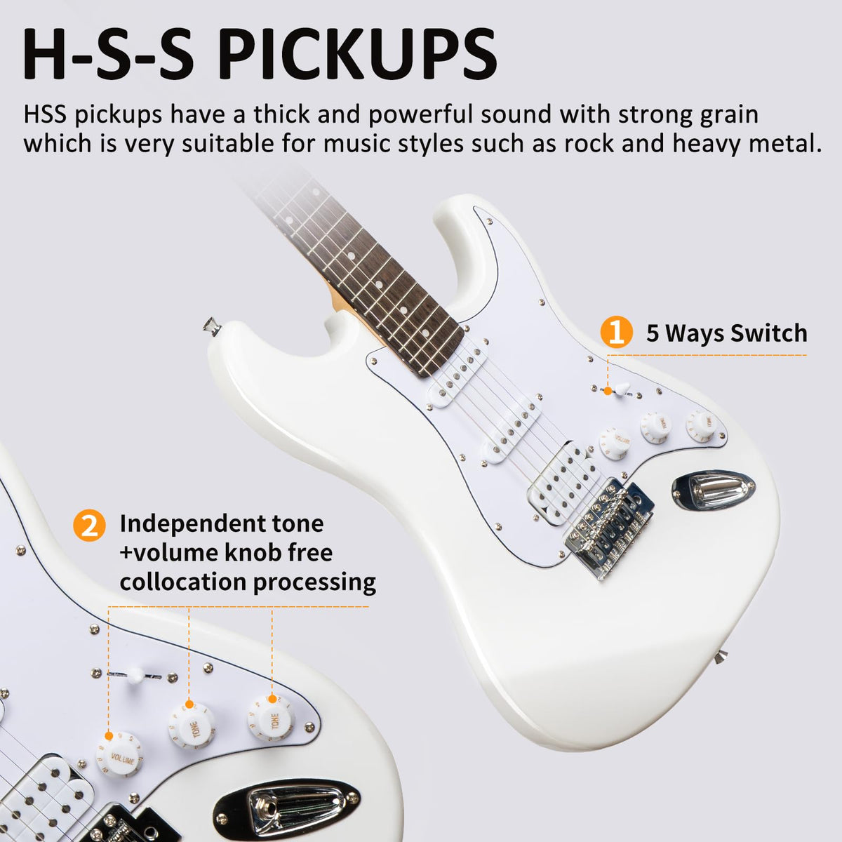 AODSK 初心者用エレキギターセット – 39インチ ホワイト HSS ソリッドボディ | エレキギター、アンプ、ギグバッグ、その他付属品完備