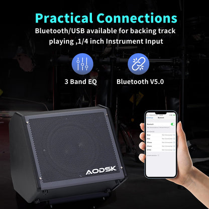 AODSK 35W Drum Amplifier with Dual Speakers – 8" Woofer + 2" Tweeter | Electronic Drum Amp for E-Kits, Keyboard & Bass | AUX Input, Recording Output, Treble/Mid Control