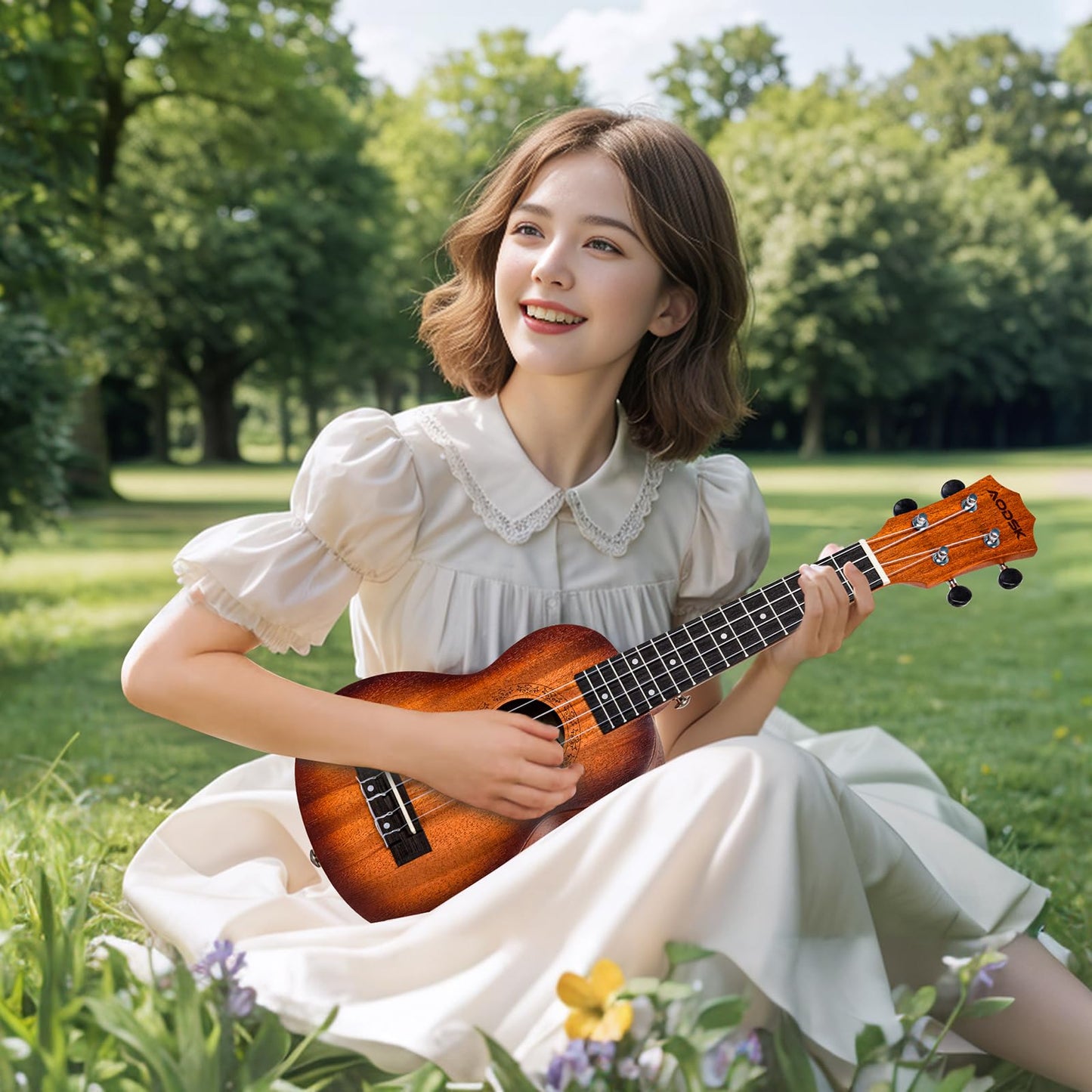 AODSK Soprano Sunburst Ukulele for Beginner 21 Inch Ukelele with Gig Bag Strap Nylon String 4 Picks Holiday Gift