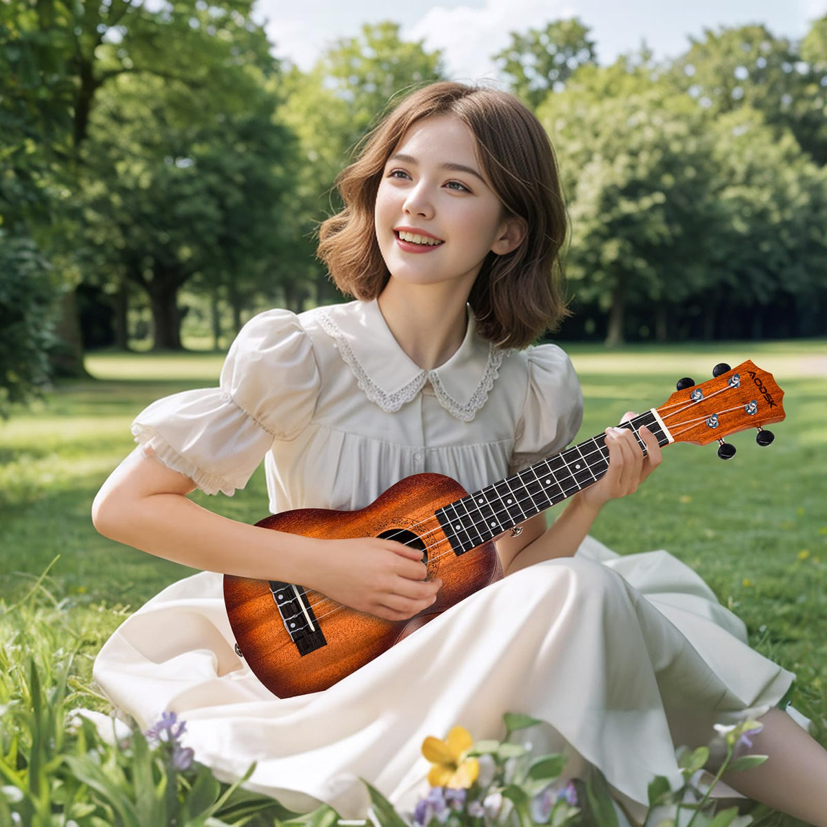 AODSK Soprano Sunburst Ukulele for Beginner 21 Inch Ukelele with Gig Bag Strap Nylon String 4 Picks Holiday Gift