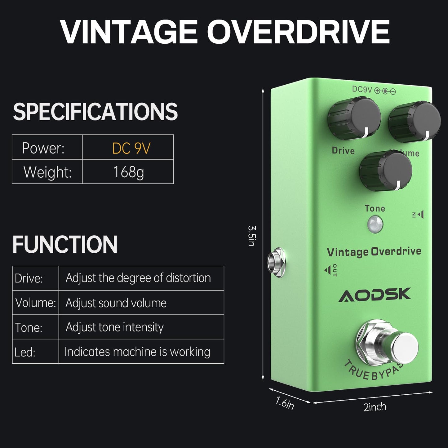 AODSK Electric Guitar Effect Pedal, Vintage Overdrive, Tone, Drive, Volume Adjustable, True Bypass, 9V DC