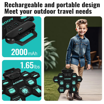 AODSK Electronic Drum Set,9 Practice Pad with Headphone Jack,Roll-up Machine Built-in Speaker Drum Pedals Drum Sticks,Great Holiday Christmas Birthday Gift