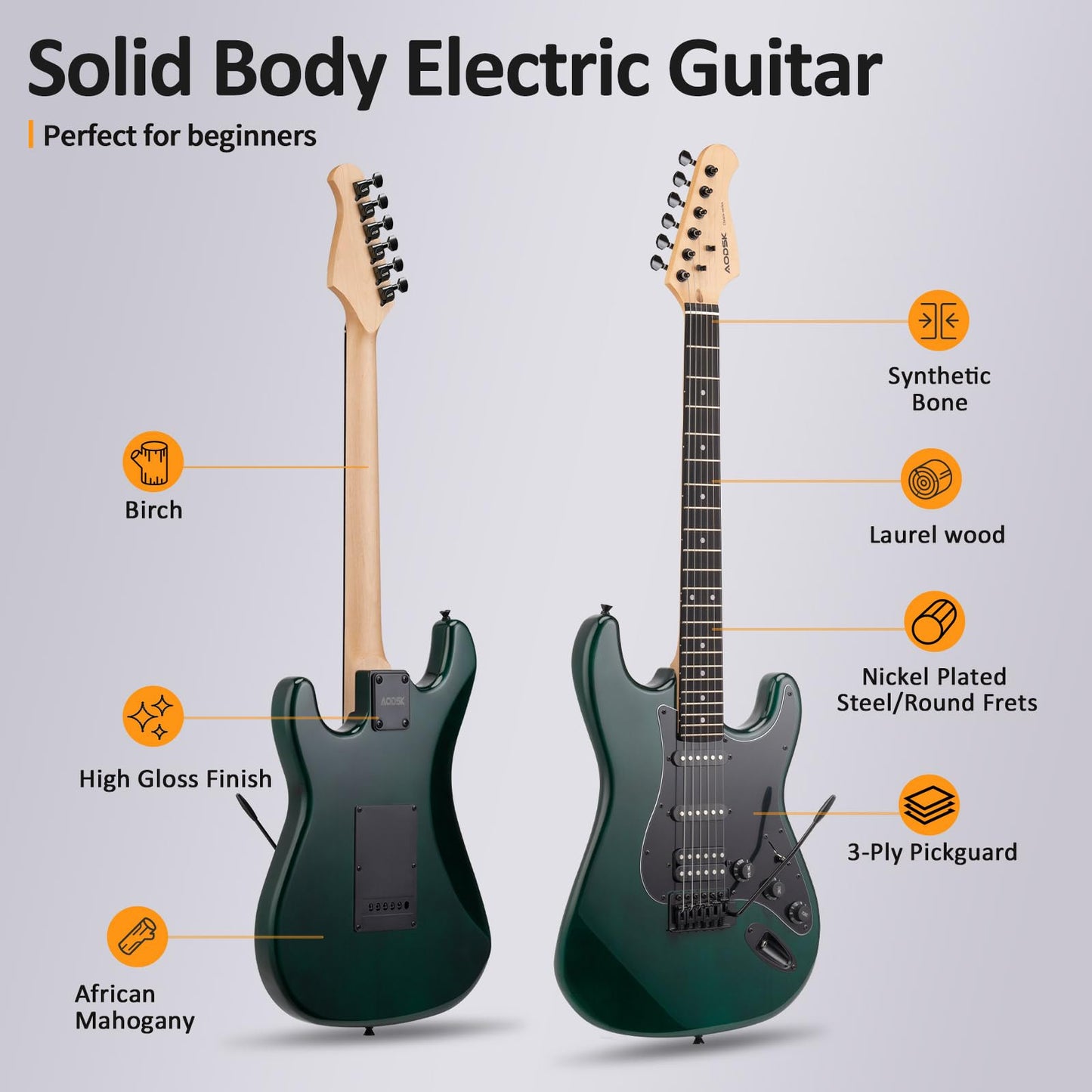 AODSK Electric Guitar, 39" Beginner Electric Guitar Kit, Matte Finish, HSS Pickups, Guitar Starter Kit with AMP, Includes Digital Tuner, Strings, Pick, Vibrato Bar, Capo, Strap, Gig Bag (Green)