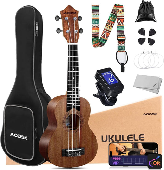 AODSK AUS-P08, Beginning Ukulele 21 inch Sapele, Ukelele Kit for Kids Students with Free Gig Bag, Strap, Nylon String, Picks, Clip-on Tuner (Soprano)