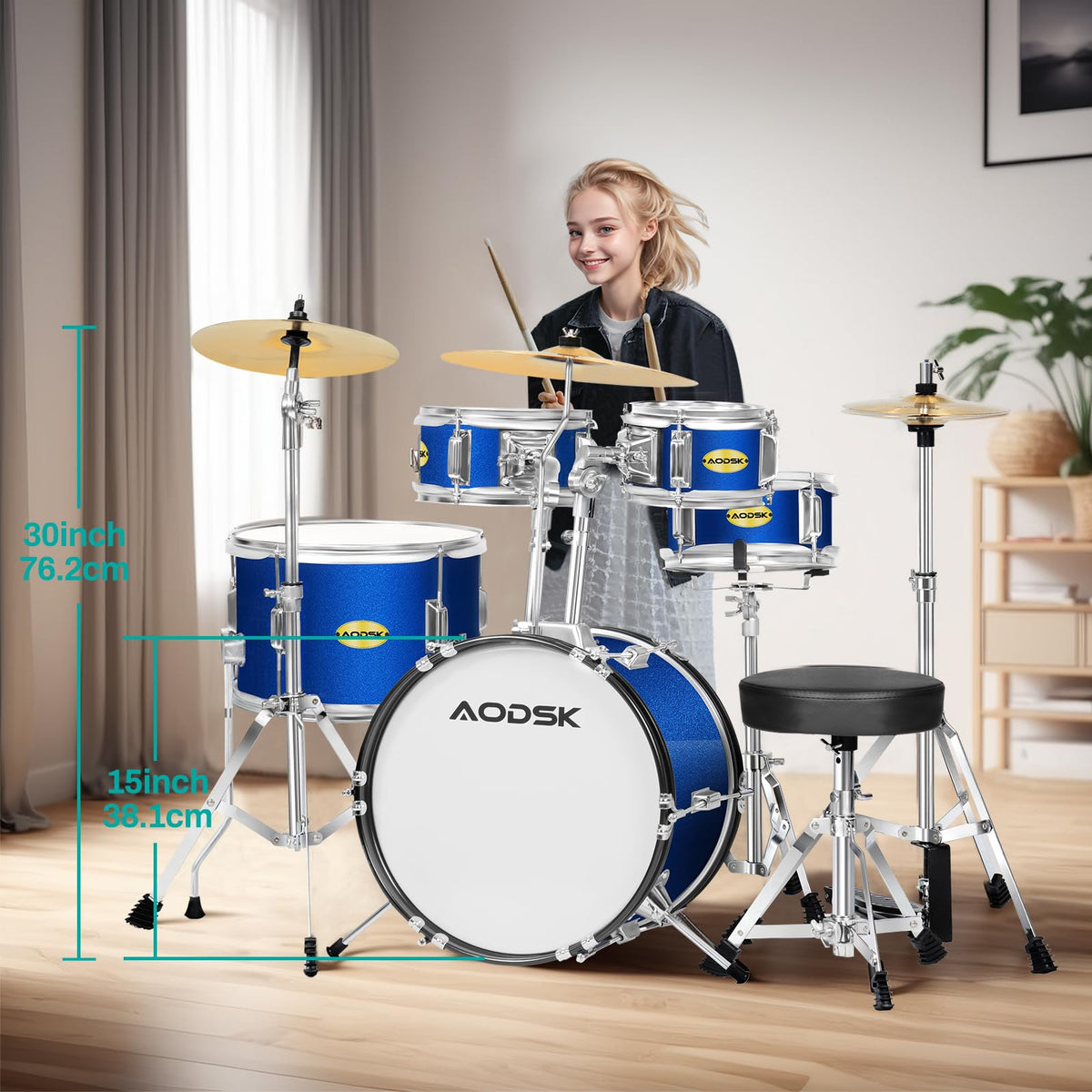 AODSK 5-Piece Beginner Drum Set – 14" Full Size Kit in Blue with Throne, Cymbal, Hi-Hat & Pedal