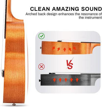 AODSK Concert Ukulele Beginner Solid Mahogany 23 Inch Ukelele Kit with Gig Bag Strap Nylon String Tuner 3 picks Cloth Online Lesson