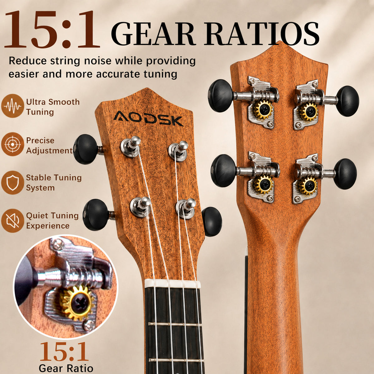 AODSK Soprano Ukulele for Beginner 21 Inch Matte Sapele Wood Beginner Kit with Bag & Accessories