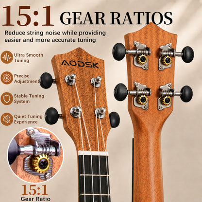 AODSK Soprano Ukulele for Beginner 21 Inch Matte Sapele Wood Beginner Kit with Bag & Accessories
