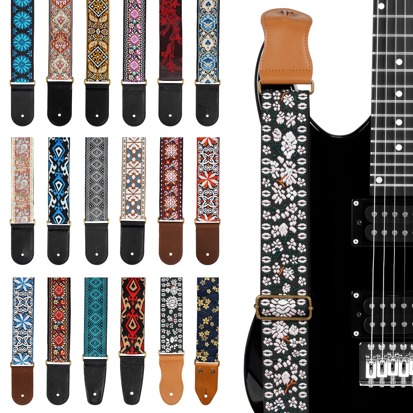 AODSK Guitar Strap Vintage Woven Adjustable,includes 2 Strap Locks, For Bass, Electric & Acoustic Guitars (Pink Bloom)