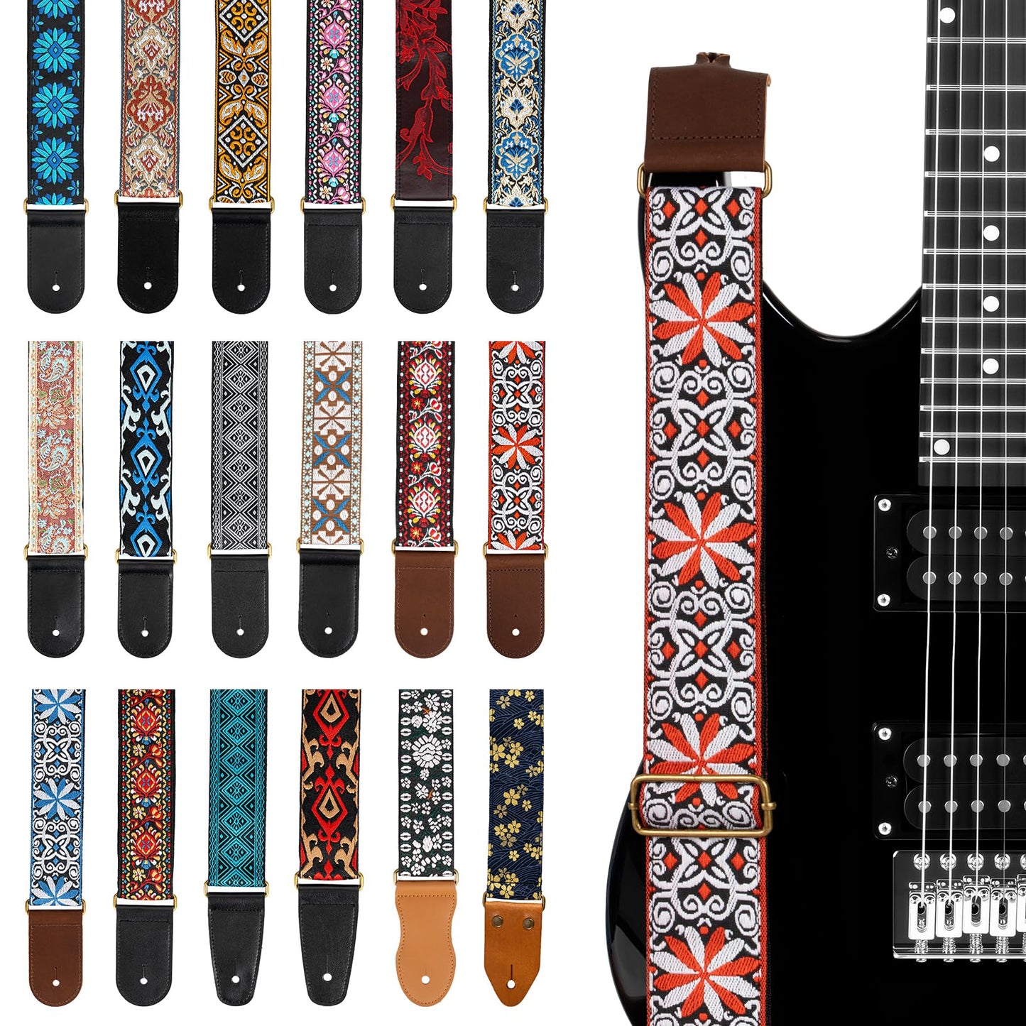AODSK Guitar Strap Vintage Woven Adjustable,includes 2 Strap Locks, For Bass, Electric & Acoustic Guitars (Orange Vine)