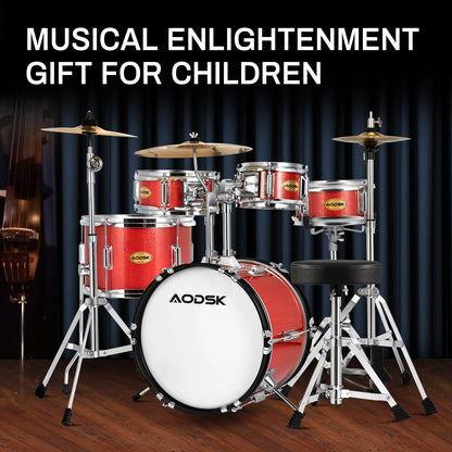 AODSK Drum Sets 5-Piece for Beginners, 14 inch Full Size Complete Drum Kit with Adjustable Throne, Cymbal, Hi-Hat, Pedal & Drumstick