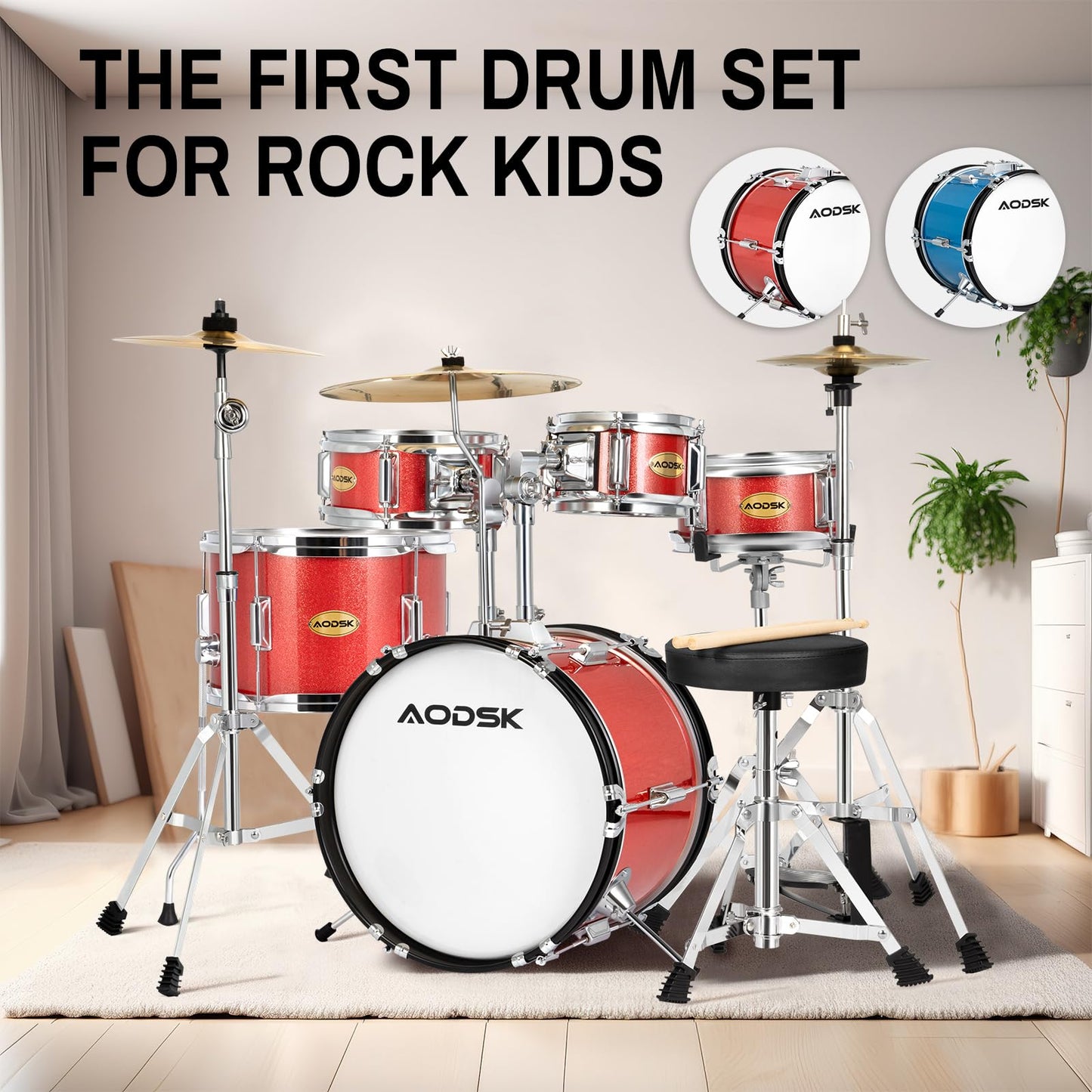 AODSK Drum Sets 5-Piece for Beginners, 14 inch Full Size Complete Drum Kit with Adjustable Throne, Cymbal, Hi-Hat, Pedal & Drumstick