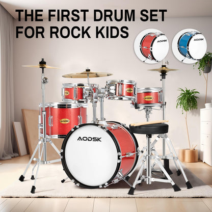 AODSK Drum Sets 5-Piece for Beginners, 14 inch Full Size Complete Drum Kit with Adjustable Throne, Cymbal, Hi-Hat, Pedal & Drumstick