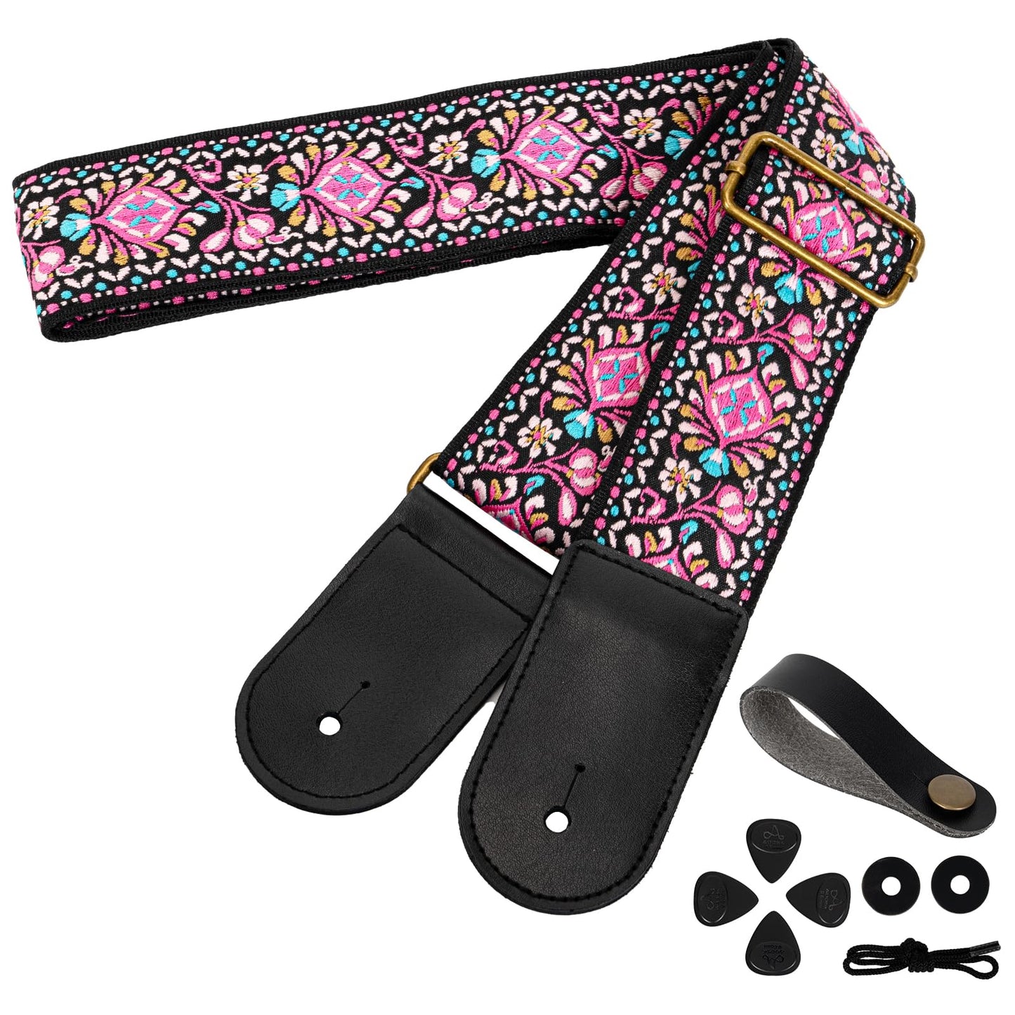 AODSK Guitar Strap Vintage Woven Adjustable,includes 2 Strap Locks, For Bass, Electric & Acoustic Guitars (Pink Paisley)