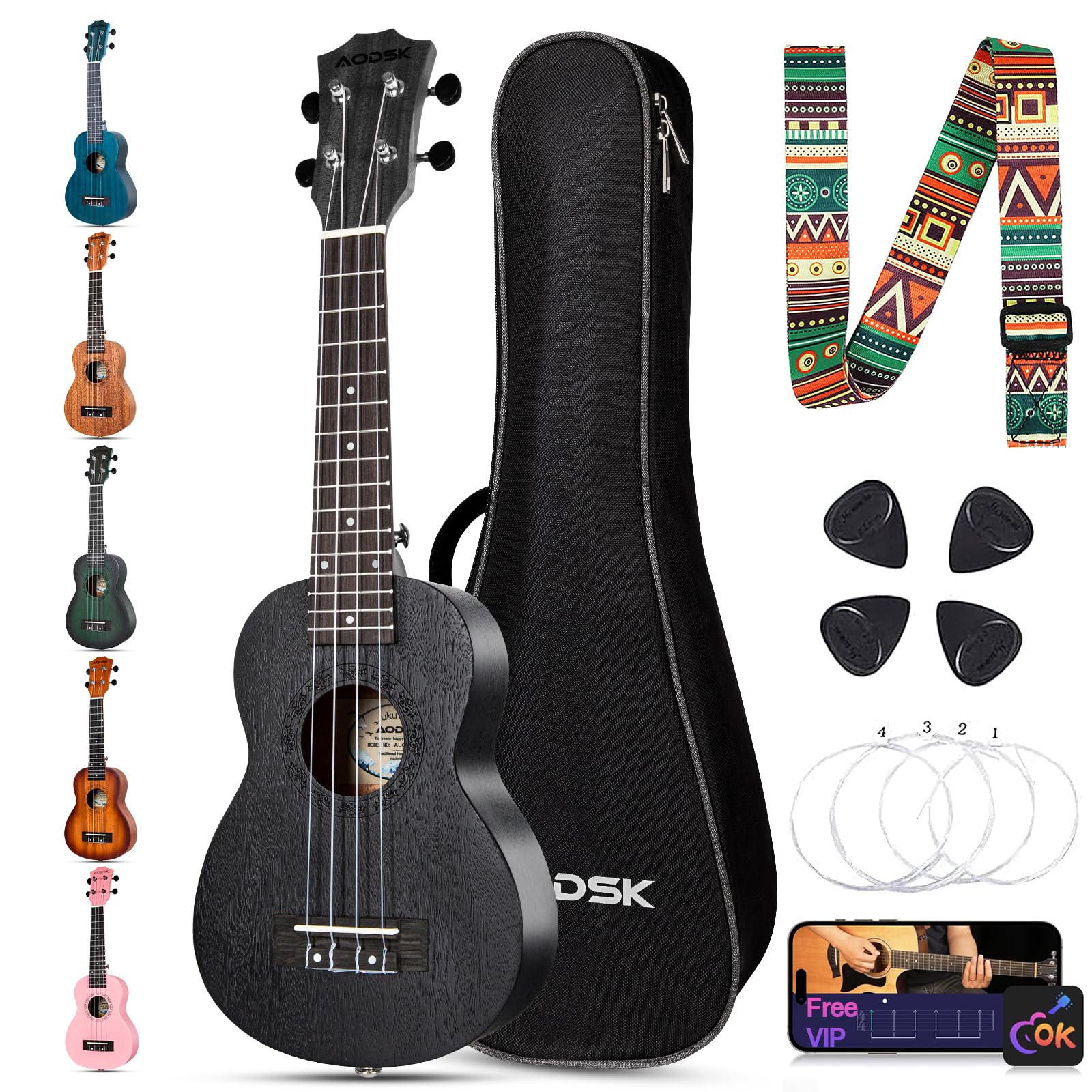 AODSK Soprano Black Ukulele for Beginner 21 Inch Ukelele with Gig Bag