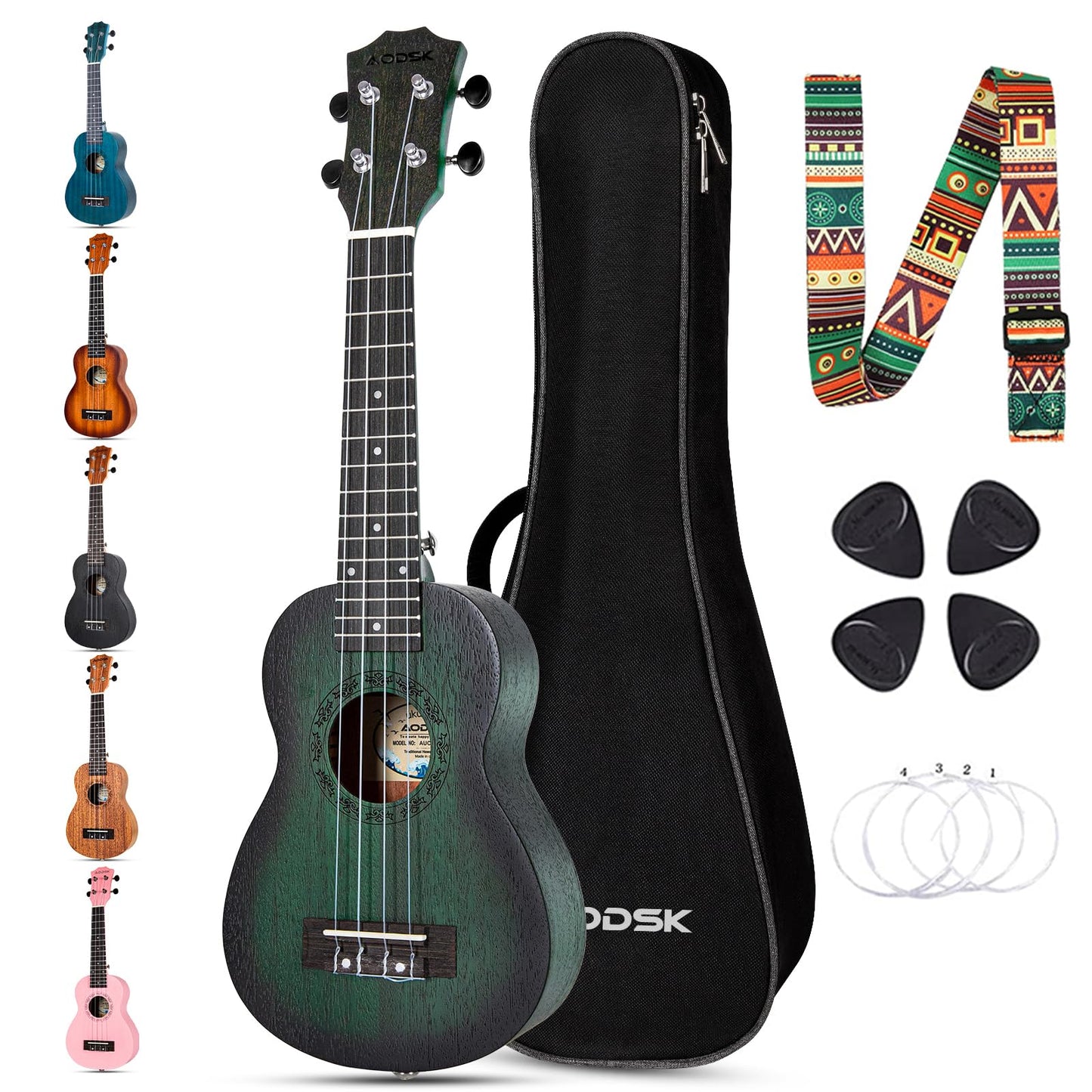 AODSK Concert Green Ukulele for Beginner 23 Inch Uke with Gig Bag Strap Nylon String 4 Picks Holiday Gift