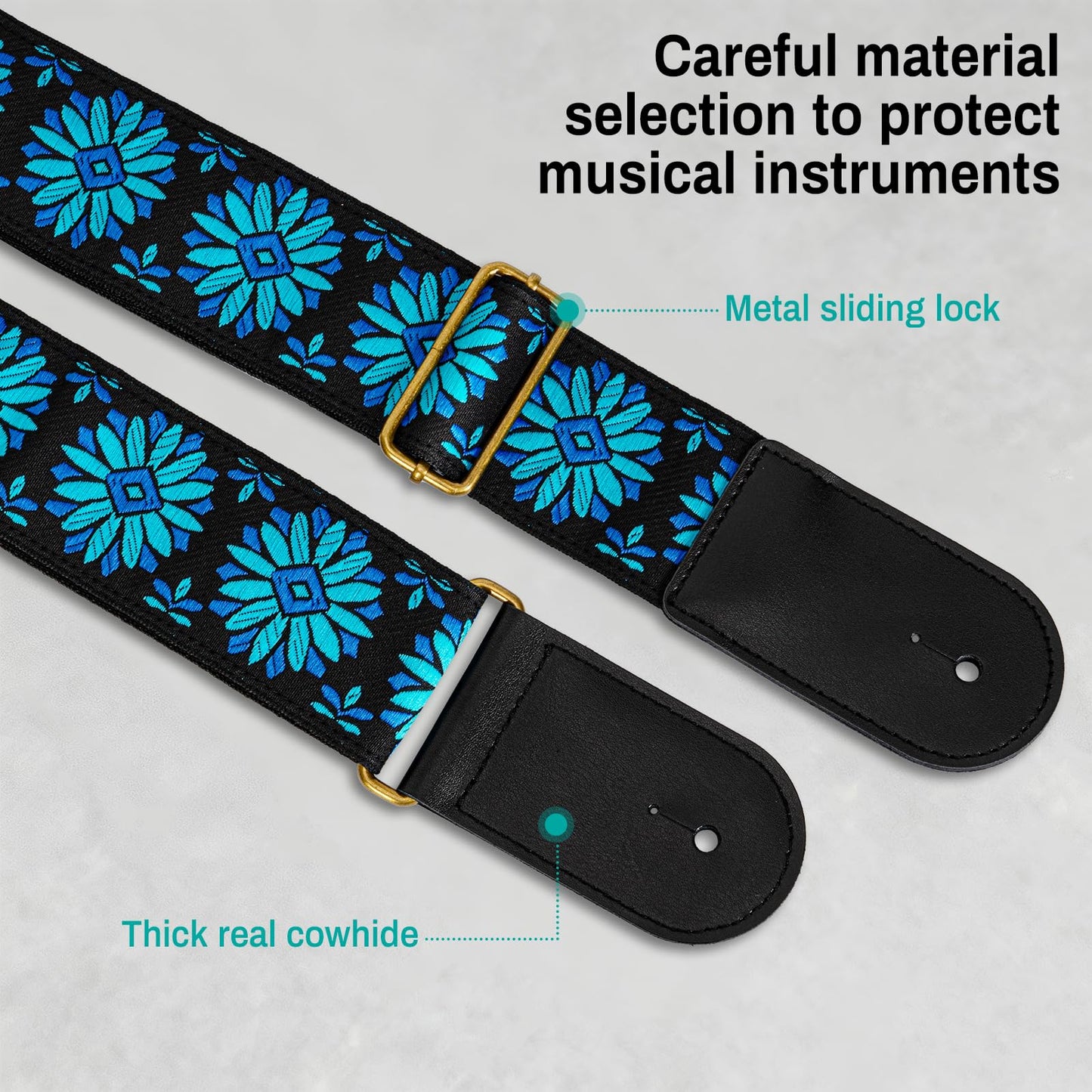 AODSK Guitar Strap Vintage Woven Adjustable,includes 2 Strap Locks, For Bass, Electric & Acoustic Guitars (Blue Bloom)