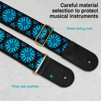AODSK Guitar Strap Vintage Woven Adjustable,includes 2 Strap Locks, For Bass, Electric & Acoustic Guitars (Blue Bloom)