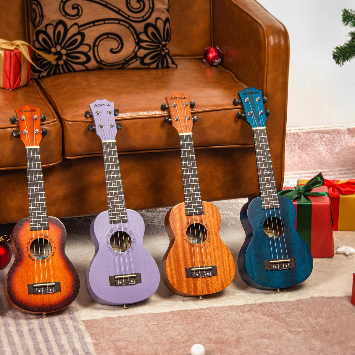 AODSK Soprano Violet Ukulele for Beginner 21 Inch Ukelele with Gig Bag Strap Nylon String 4 Picks Holiday Gift