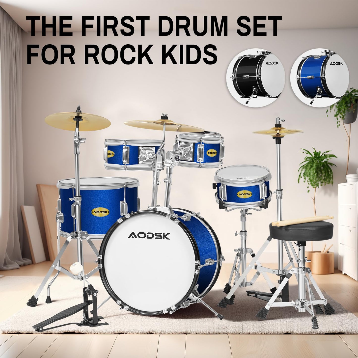 AODSK Drum Sets 5-Piece for Beginners, 14 inch Full Size Complete Drum Kit with Adjustable Throne, Cymbal, Hi-Hat, Pedal & Drumstick