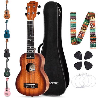 AODSK Soprano Sunburst Ukulele for Beginner 21 Inch Ukelele with Gig Bag Strap Nylon String 4 Picks Holiday Gift