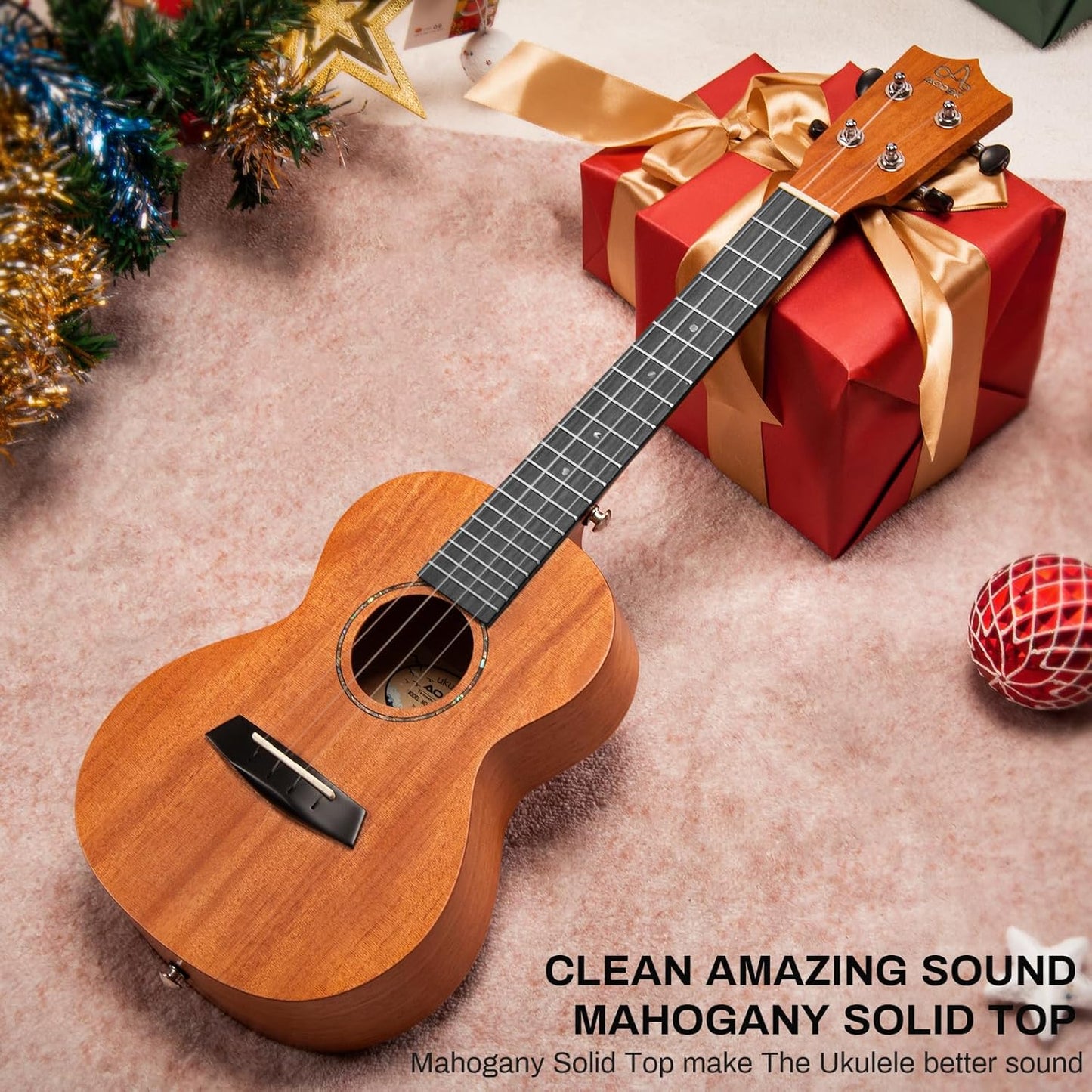 AODSK Concert Ukulele Beginner Solid Mahogany 23 Inch Ukelele Kit with Gig Bag Strap Nylon String Tuner 3 picks Cloth Online Lesson