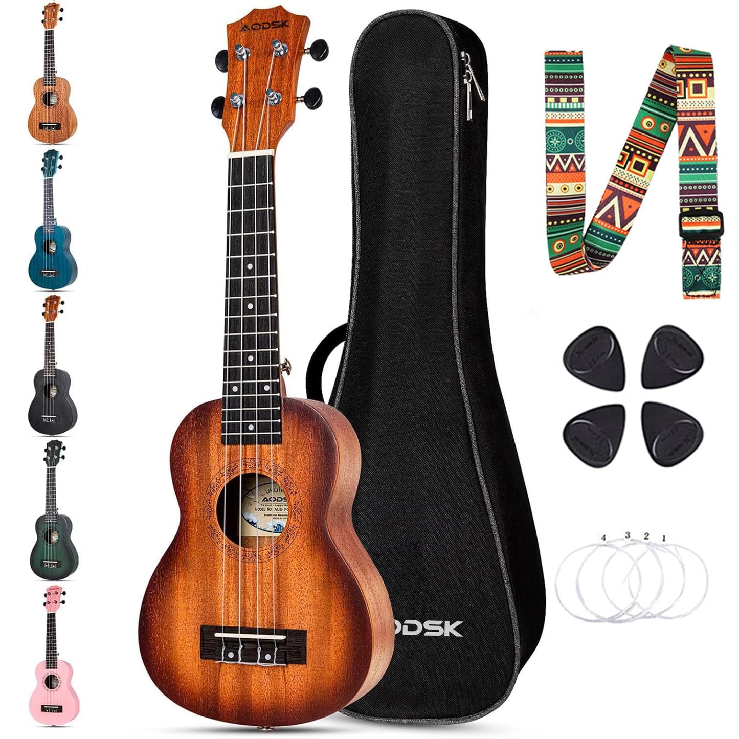 AODSK Concert Sunburst Ukulele for Beginner 23 Inch Uke with Gig Bag Strap Nylon String 4 Picks Holiday Gift