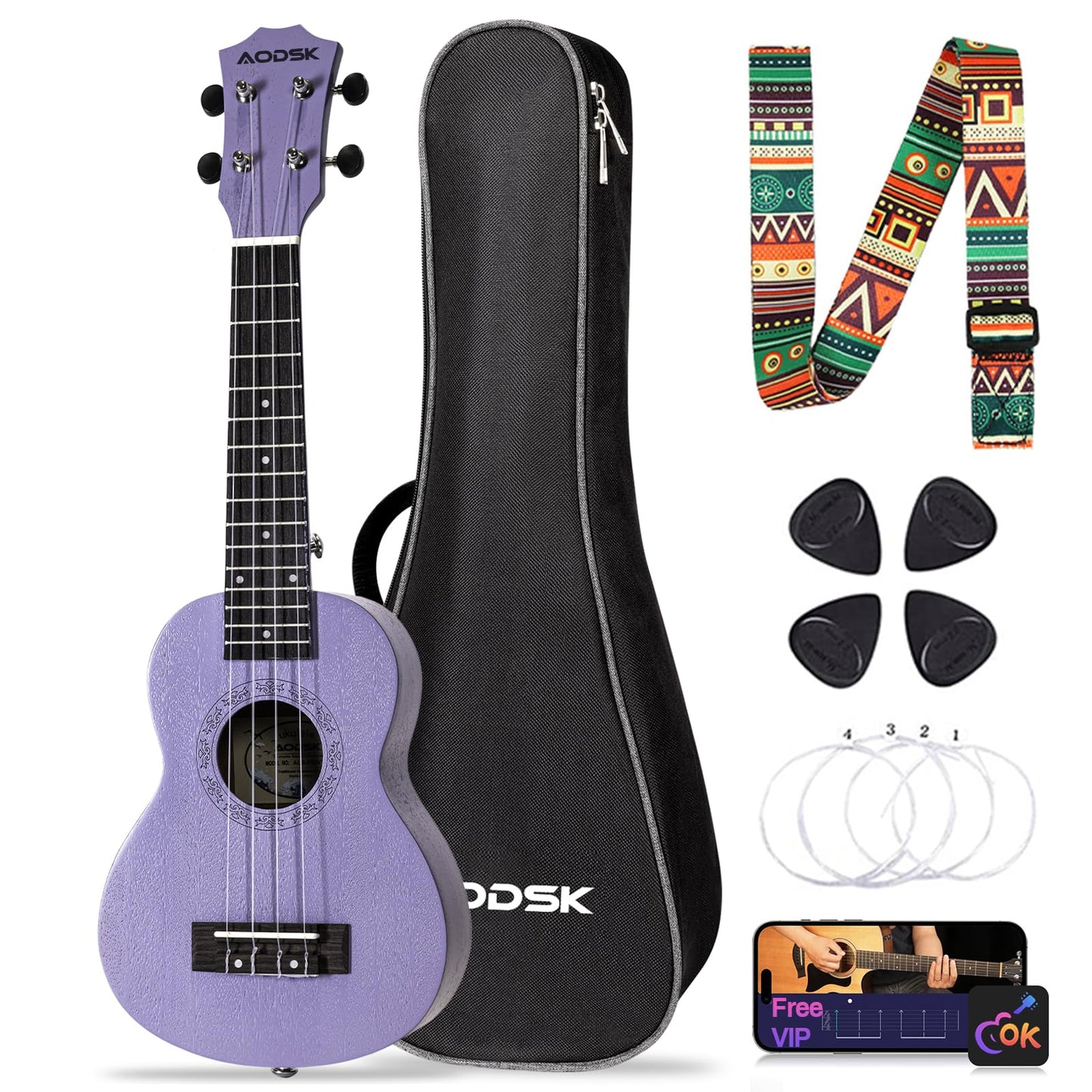 AODSK Concert Violet Ukulele for Beginner 23 Inch Uke with Gig Bag Strap Nylon String 4 Picks Holiday Gift
