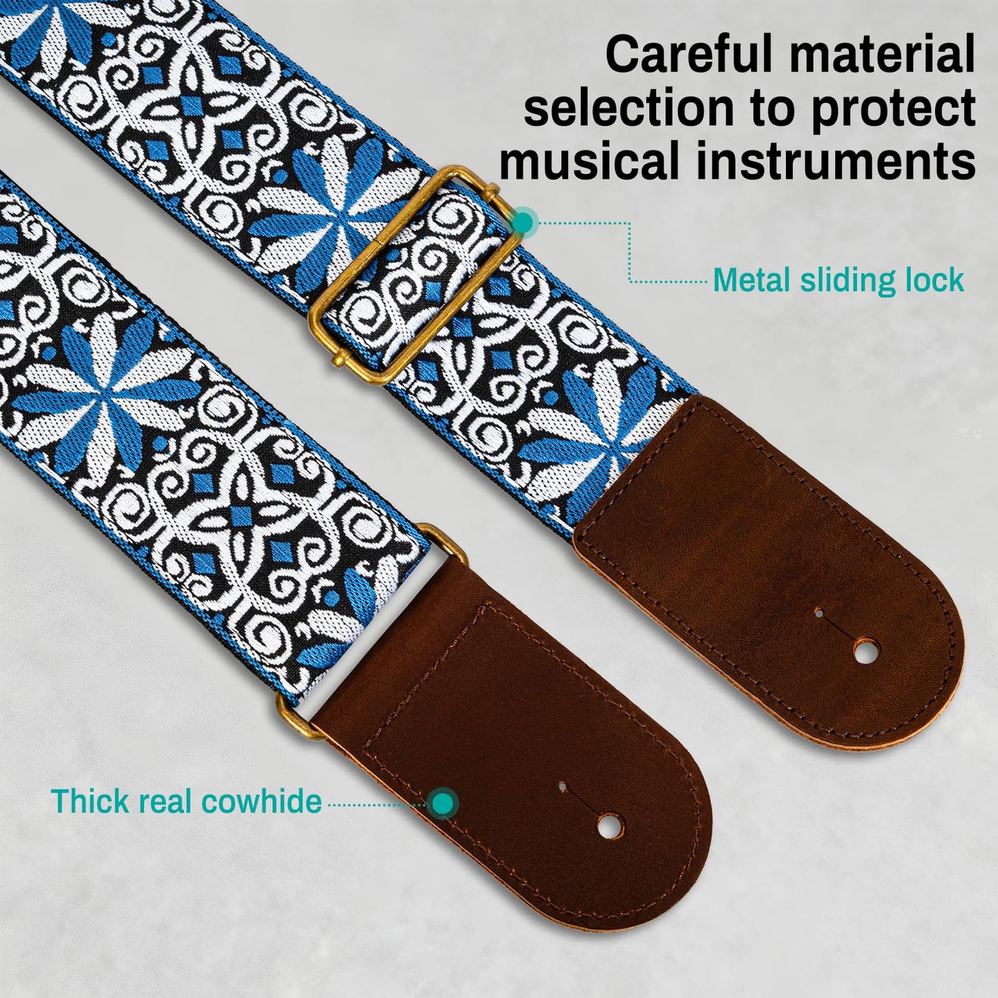 AODSK Guitar Strap Vintage Woven Adjustable,includes 2 Strap Locks, For Bass, Electric & Acoustic Guitars (Blue Vine)
