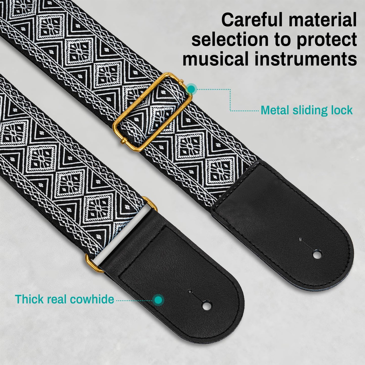 AODSK Guitar Strap Vintage Woven Adjustable,includes 2 Strap Locks, For Bass, Electric & Acoustic Guitars (White Rhombus)