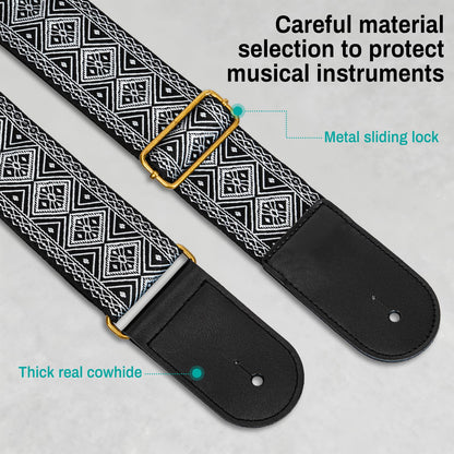 AODSK Guitar Strap Vintage Woven Adjustable,includes 2 Strap Locks, For Bass, Electric & Acoustic Guitars (White Rhombus)