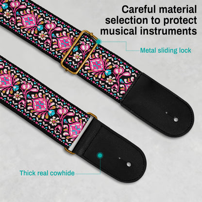 AODSK Guitar Strap Vintage Woven Adjustable,includes 2 Strap Locks, For Bass, Electric & Acoustic Guitars (Pink Paisley)