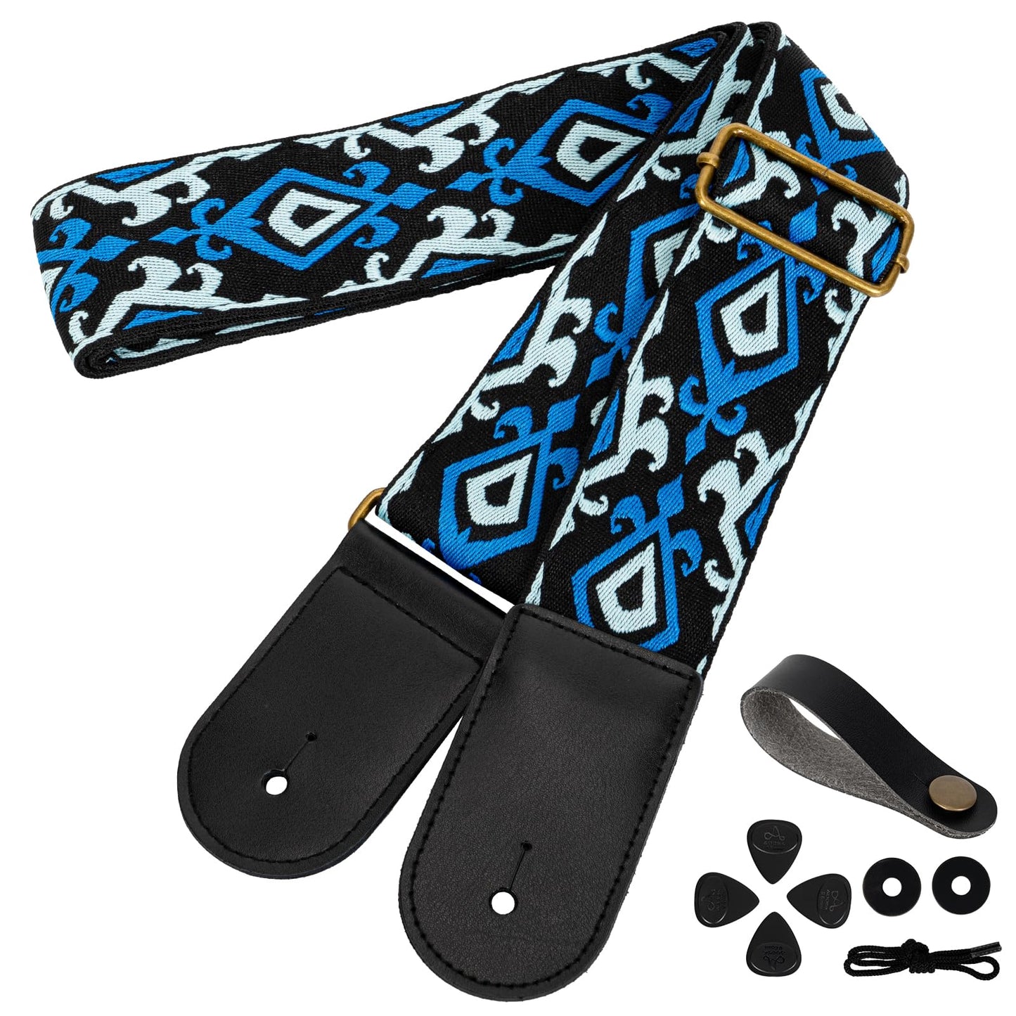 AODSK Guitar Strap Vintage Woven Adjustable,includes 2 Strap Locks, For Bass, Electric & Acoustic Guitars (Blue)