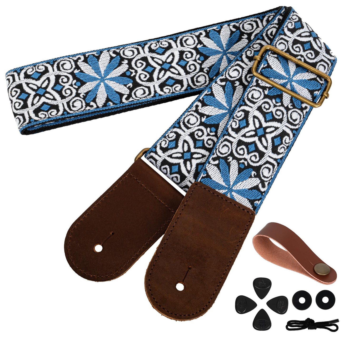 AODSK Guitar Strap Vintage Woven Adjustable,includes 2 Strap Locks, For Bass, Electric & Acoustic Guitars (Blue Vine)