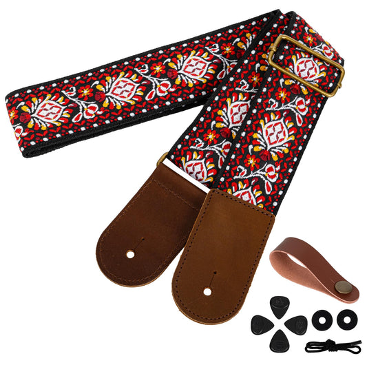 AODSK Guitar Strap Vintage Woven Adjustable,includes 2 Strap Locks, For Bass, Electric & Acoustic Guitars (Crimson Weave)