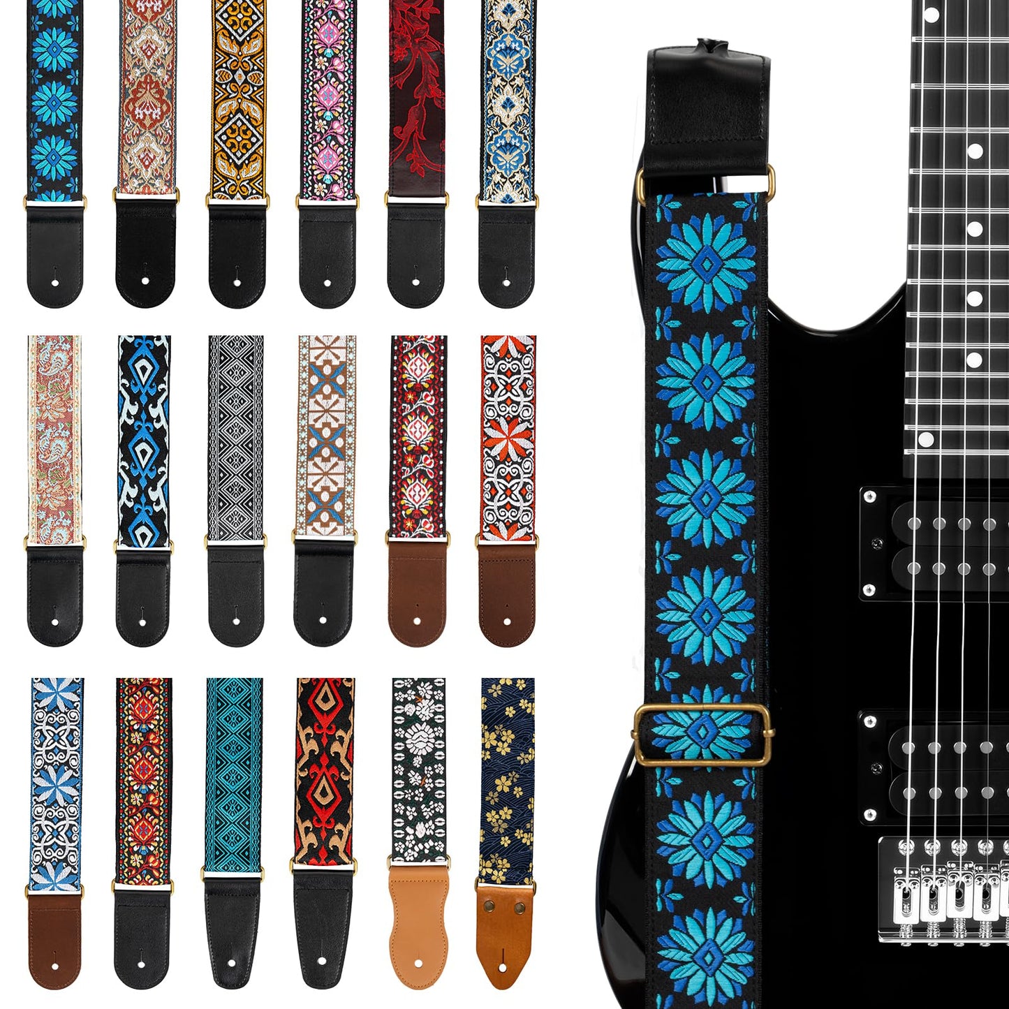 AODSK Guitar Strap Vintage Woven Adjustable,includes 2 Strap Locks, For Bass, Electric & Acoustic Guitars (Blue Bloom)