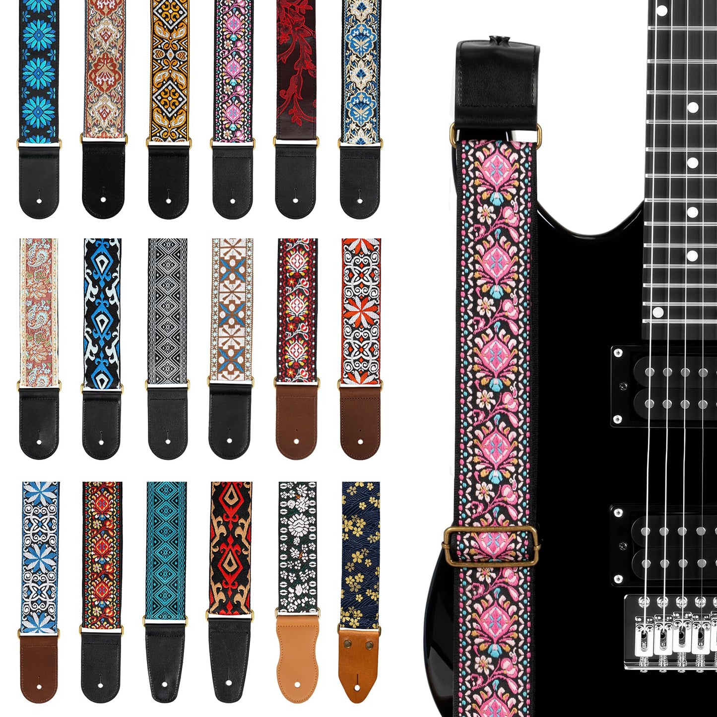 AODSK Guitar Strap Vintage Woven Adjustable,includes 2 Strap Locks, For Bass, Electric & Acoustic Guitars (Pink Paisley)