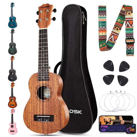 AODSK Soprano Ukulele for Beginner 21 Inch Ukelele with Gig Bag Strap Nylon String 4 Picks Holiday Gift