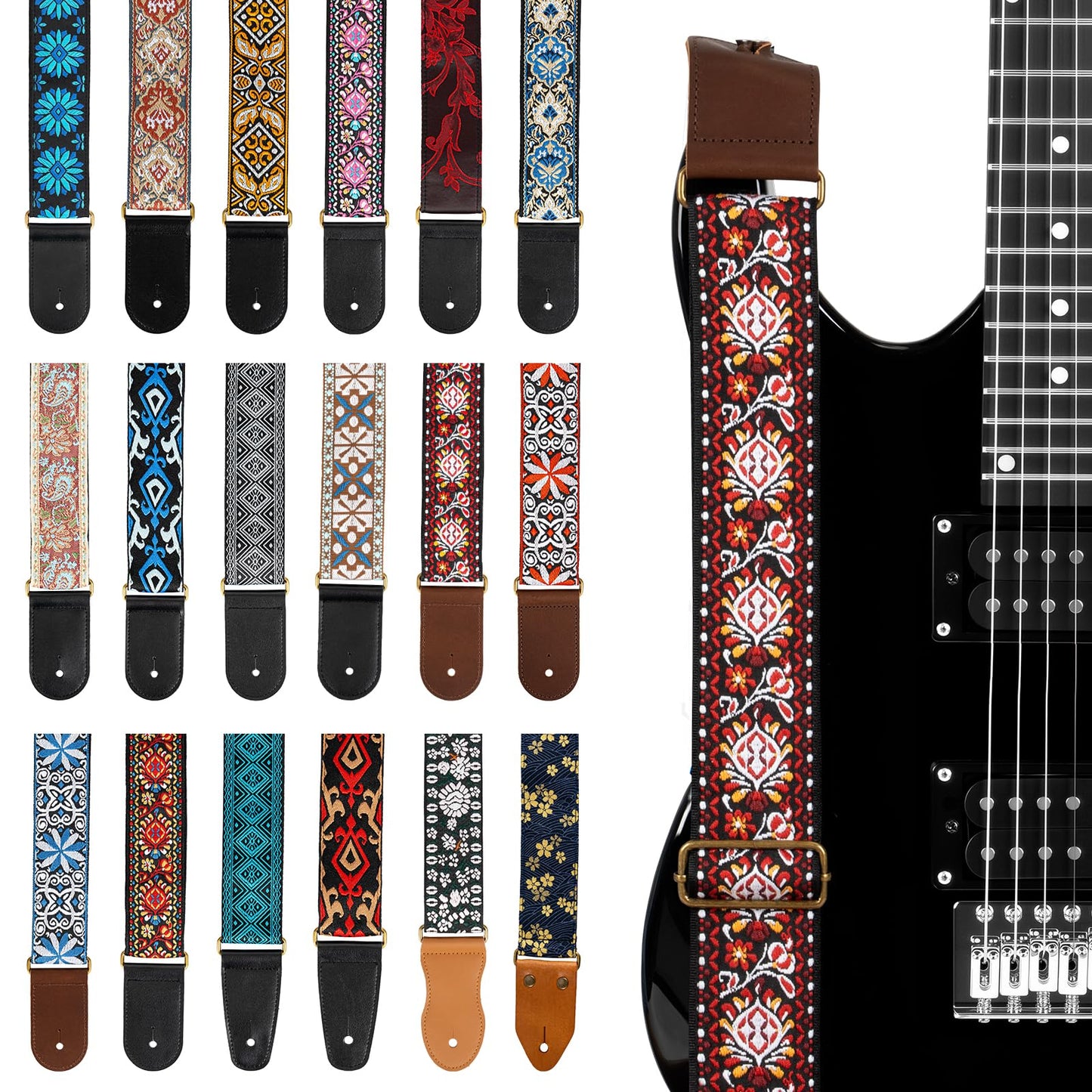 AODSK Guitar Strap Vintage Woven Adjustable,includes 2 Strap Locks, For Bass, Electric & Acoustic Guitars (Crimson Weave)