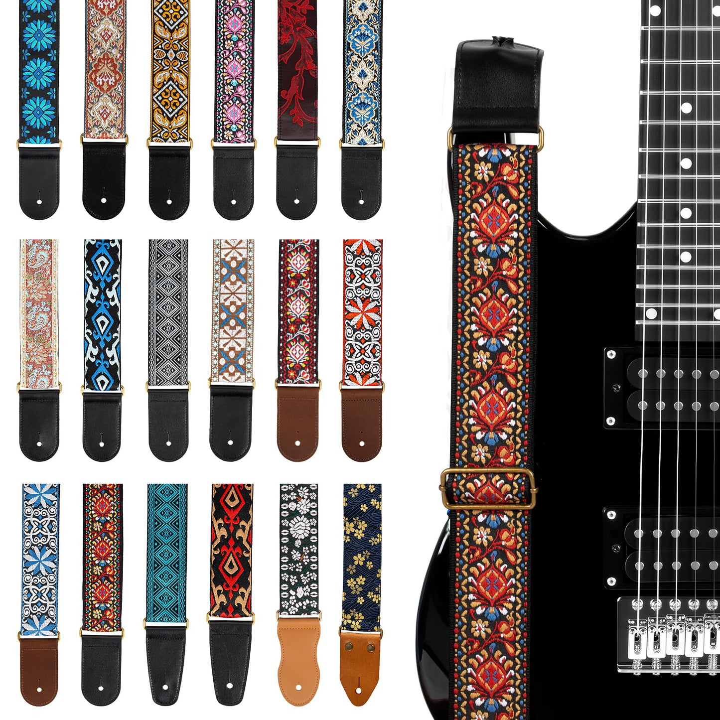 AODSK Guitar Strap Vintage Woven Adjustable,includes 2 Strap Locks, For Bass, Electric & Acoustic Guitars (Red Braiding)