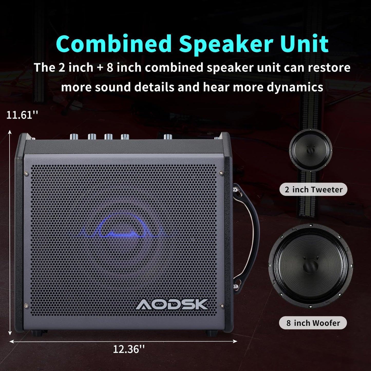 AODSK 35W Drum Amplifier with Dual Speakers – 8" Woofer + 2" Tweeter | Electronic Drum Amp for E-Kits, Keyboard & Bass | AUX Input, Recording Output, Treble/Mid Control