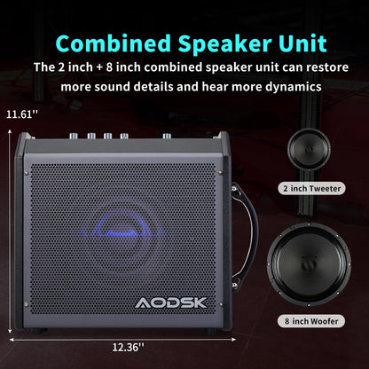AODSK 35W Drum Amplifier with Dual Speakers – 8" Woofer + 2" Tweeter | Electronic Drum Amp for E-Kits, Keyboard & Bass | AUX Input, Recording Output, Treble/Mid Control