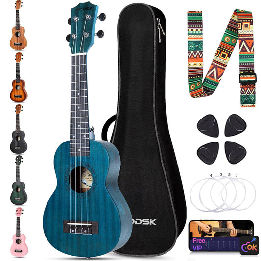 AODSK Soprano Blue Ukulele for Beginner 21 Inch Ukelele with Gig Bag Strap Nylon String 4 Picks Holiday Gift