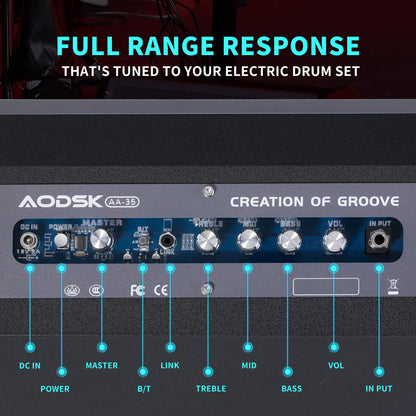 AODSK 35W Drum Amplifier with Dual Speakers – 8" Woofer + 2" Tweeter | Electronic Drum Amp for E-Kits, Keyboard & Bass | AUX Input, Recording Output, Treble/Mid Control