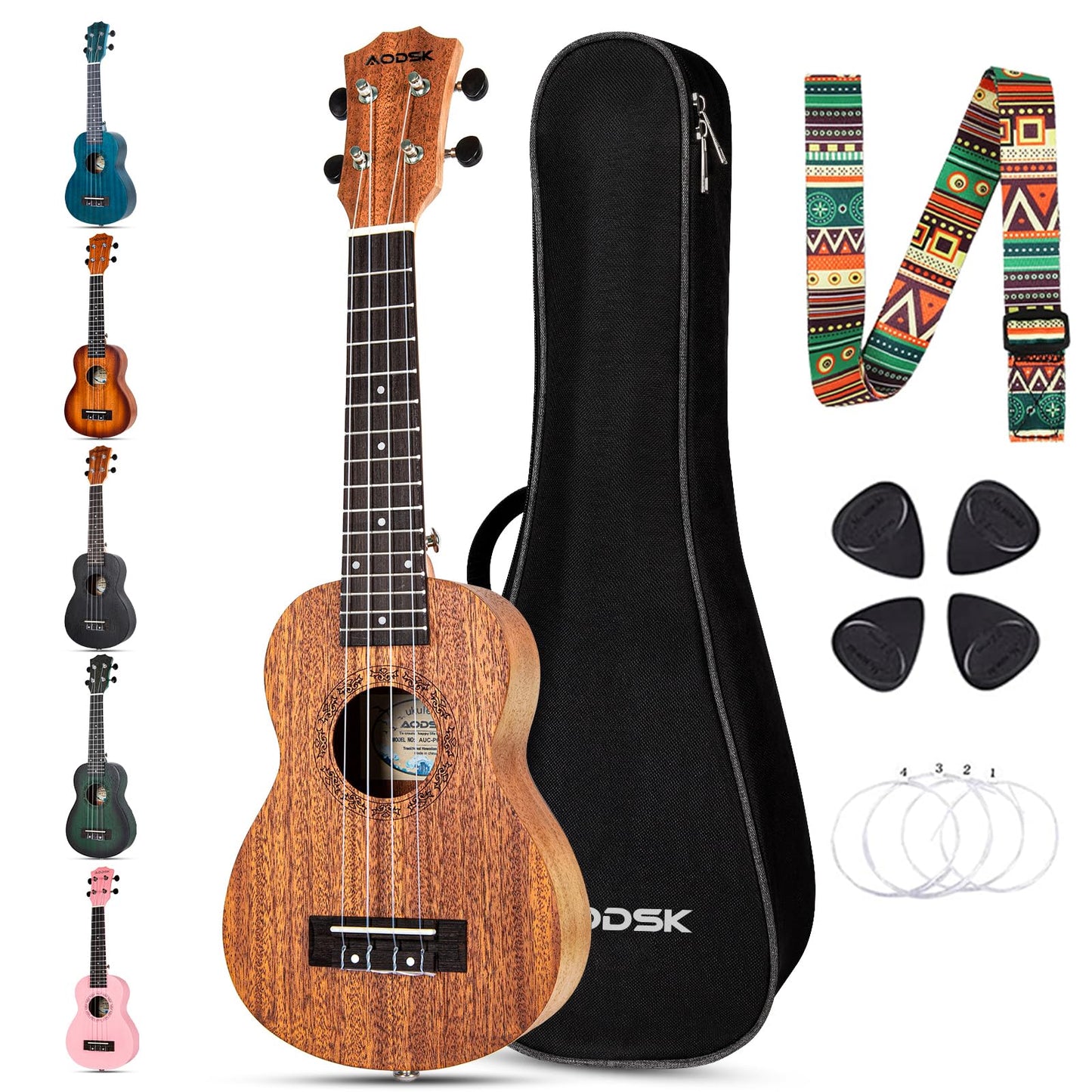 AODSK Concert Ukulele for Beginner 23 Inch Uke with Gig Bag Strap Nylon String 4 Picks Holiday Gift