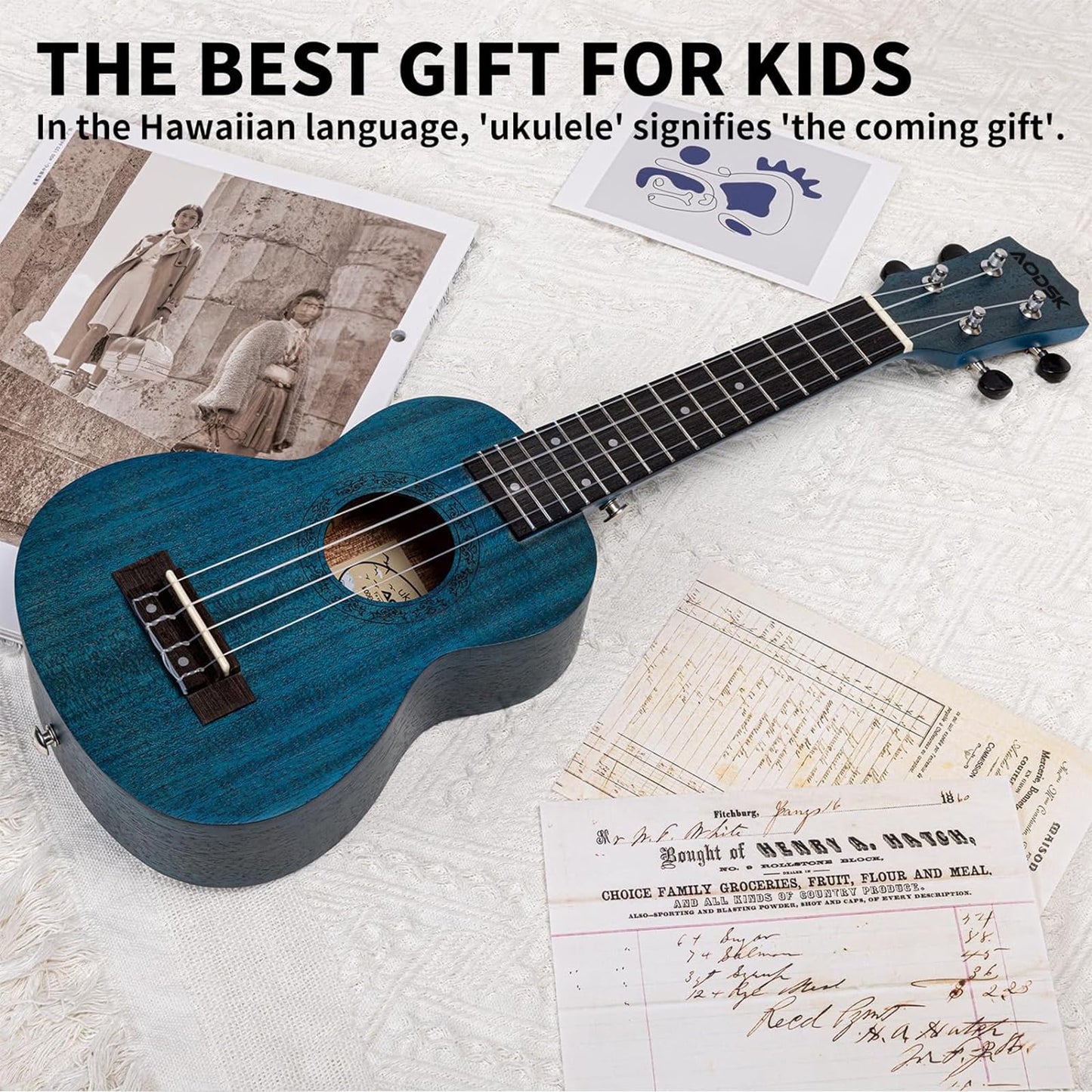 AODSK Soprano Blue Ukulele for Beginner 21 Inch Ukelele with Gig Bag Strap Nylon String 4 Picks Holiday Gift