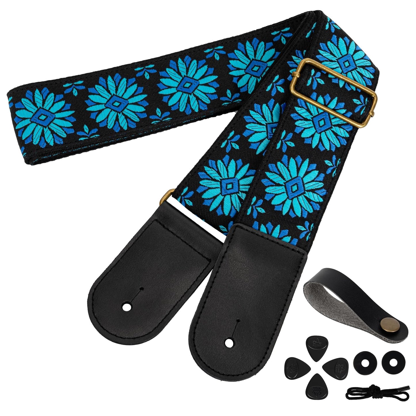 AODSK Guitar Strap Vintage Woven Adjustable,includes 2 Strap Locks, For Bass, Electric & Acoustic Guitars (Blue Bloom)
